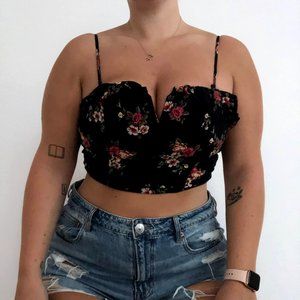 American Eagle Black Floral Crop Corset Tank